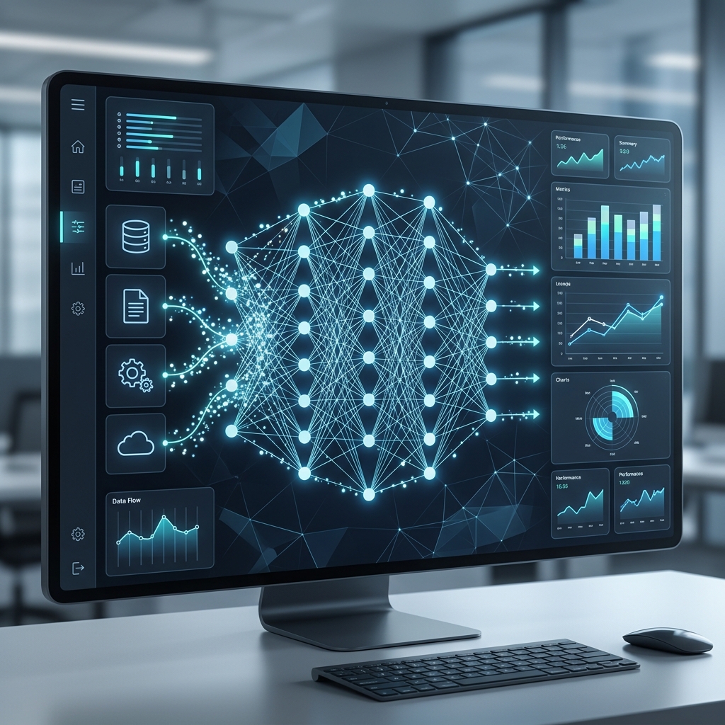 A modern AI-integrated enterprise architecture where data flows seamlessly between the application and neural nodes.